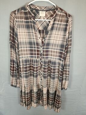 Rose Plaid Button-Front Tunic Dress in Cream, Gray & Brown